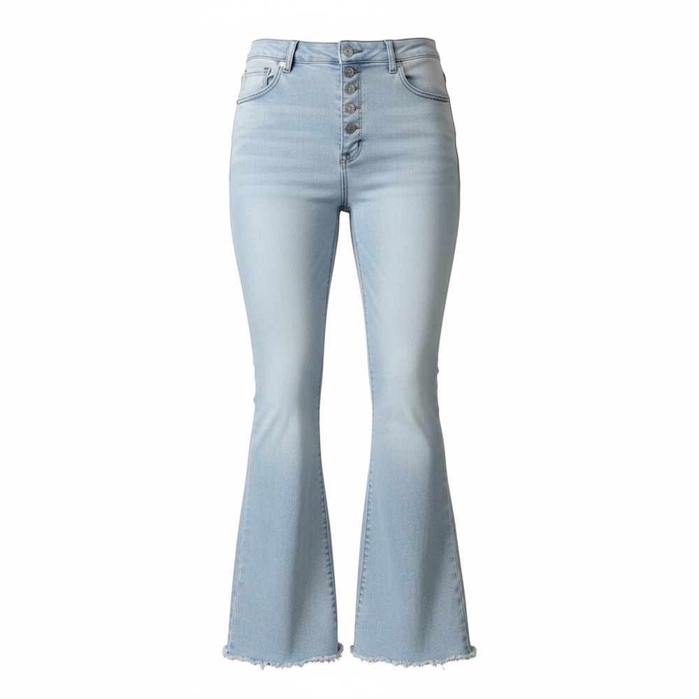 Pink Lily Sky Blue Distressed Raw Hem Button-Up Flare Jeans. Size 31